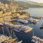 Golden-hour aerial of Port Hercule packed with superyachts — Monaco Yacht Show
